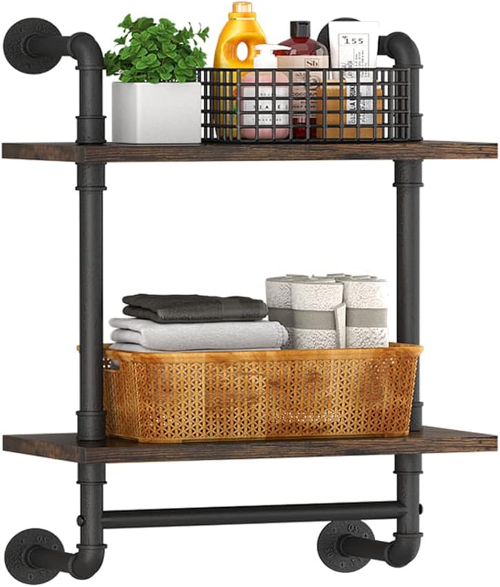 Helsin 2 Tier Industrial Pipe Floating Bathroom Shelves Wall Mounted with Tow...