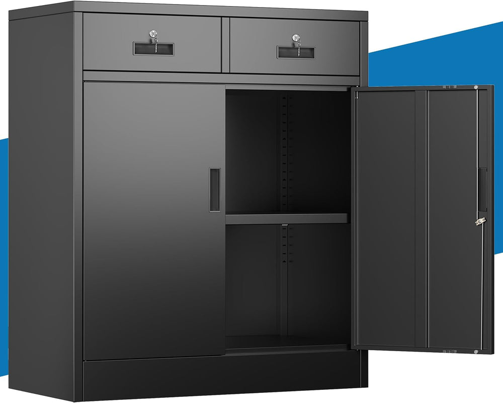 Metal Storage Cabinet, 36" Locking Cabinet with 2 Drawers & Shelves