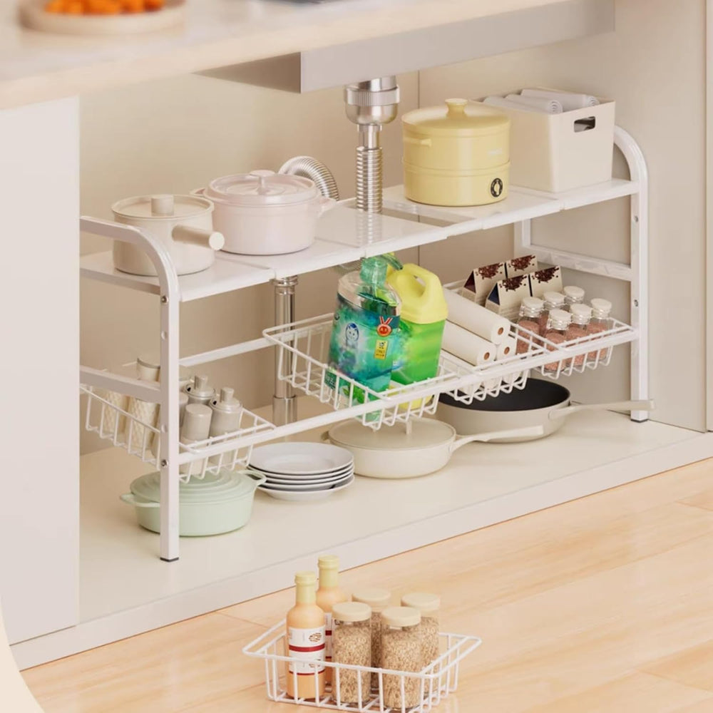 Under Sink Organizer,2 Tier Expandable Heavy Duty Metal Shelf,with 5 Removabl...
