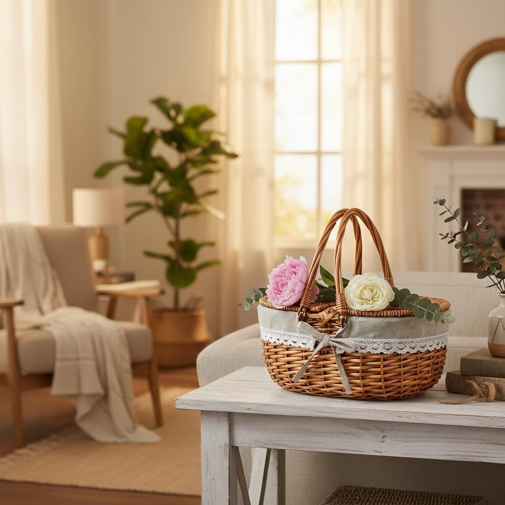 Wicker Picnic Basket with Lid and Handle Sturdy Woven Body with Washable Lini...