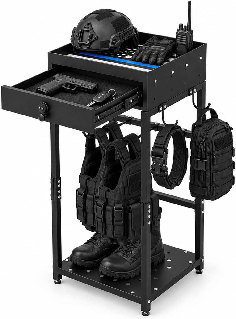 Police Gear Stand, Heavy Duty Steel Tactical Gear Rack w Lockable Drawer
