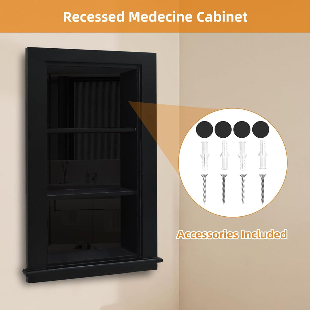 14 x 24 Recessed Medicine Cabinet, Black Bathroom Wall Cabinet, 3-Tier Wall N...