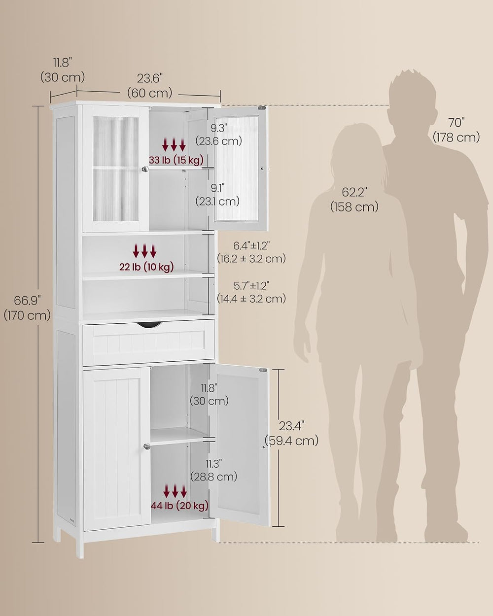 VASAGLE Storage Cabinet, Freestanding, Drawer, Open Compartments