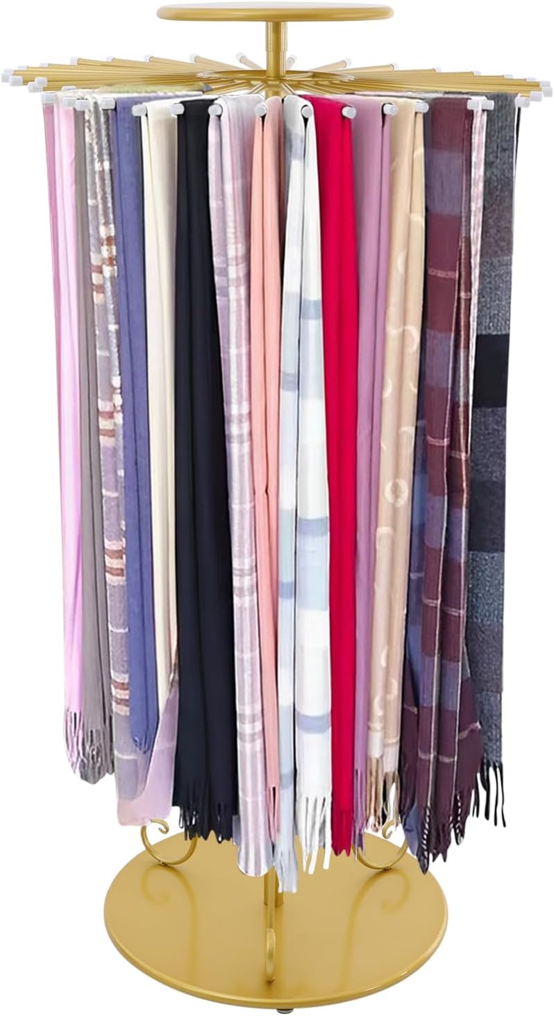 Golden Freestanding Scarf Display Rack with 30 Hanging Rods