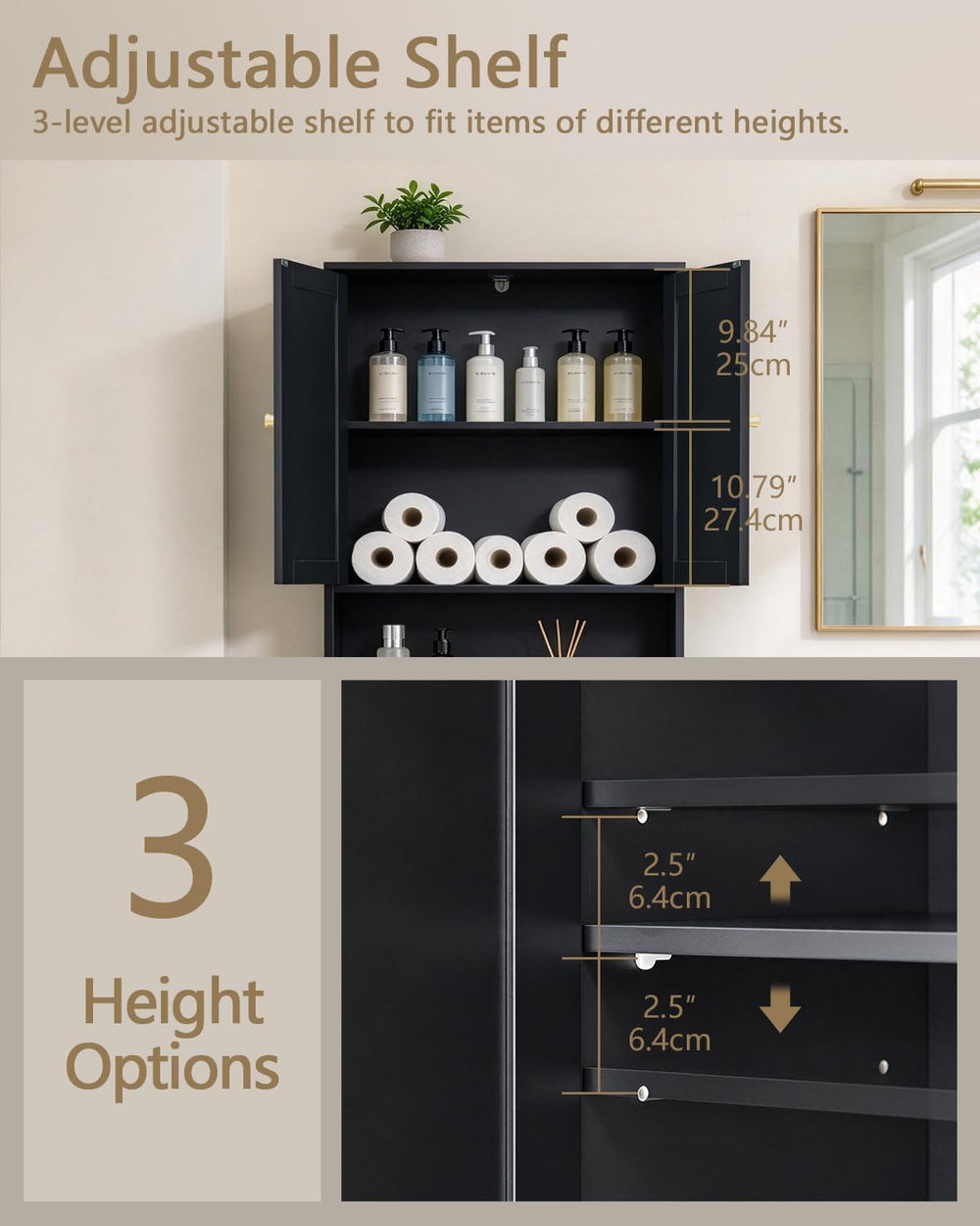 Over the Toilet Storage Cabinet, 2 Fluted Doors, Adjustable Shelf, Black