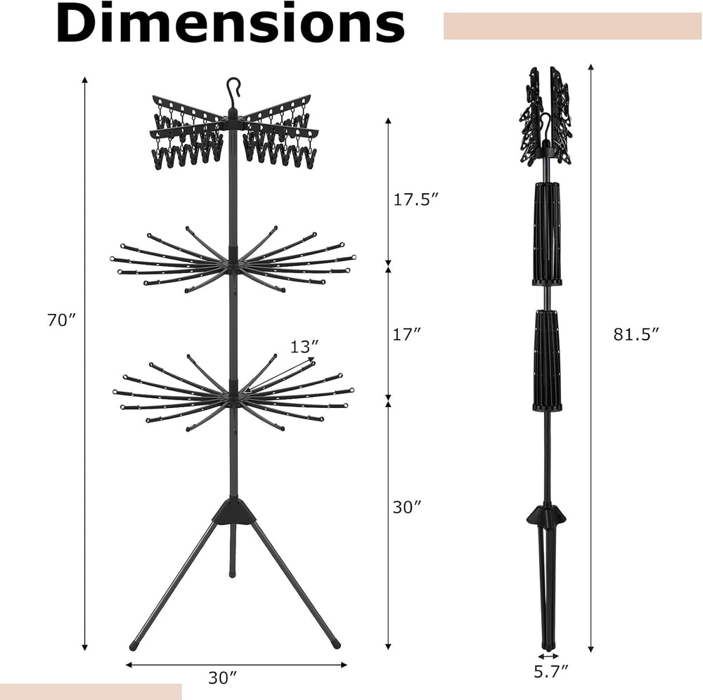 GIANTEX 70" Tripod Clothes Drying Rack w/24 Clips & 32 Rods, 360° Ro...
