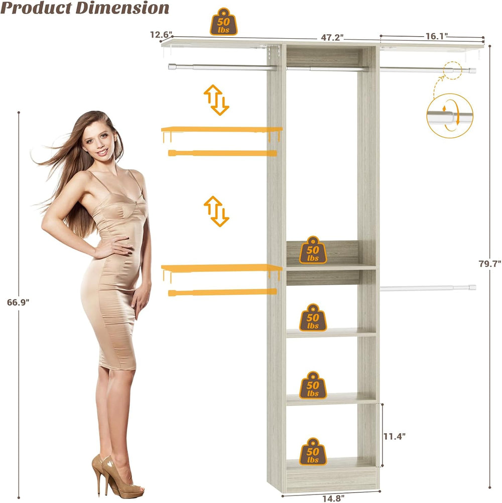 Cyclysio 4FT Closet System for Small Space, 80"H, White Oak