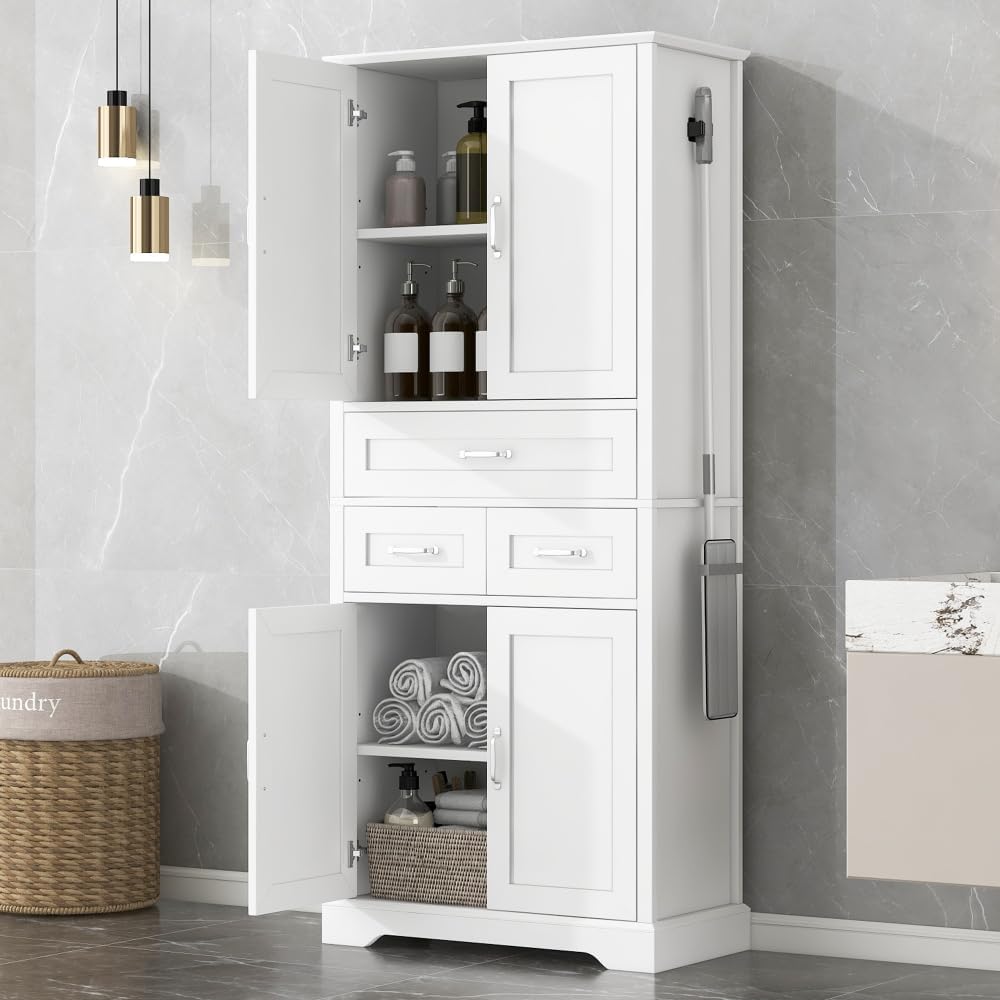 Wood Tall Storage Cabinet with Storage, 4 Doors & 3 Drawers, Bathroom Sto...