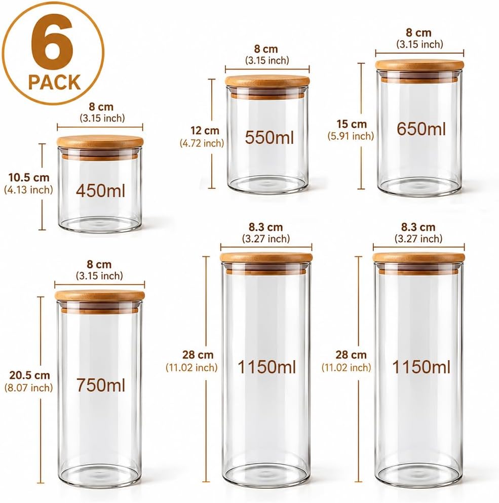 6 Pack Airtight Glass Storage Containers Set for Tea Coffee Pasta Spices