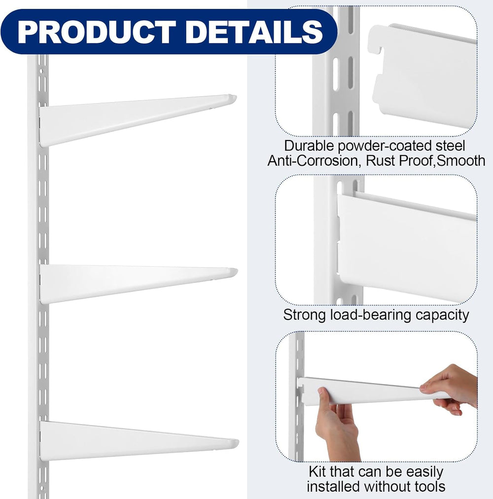 Colingmill 8 Pcs White Twin Rail Upright Wall Shelving System 25 Inch with Ad...