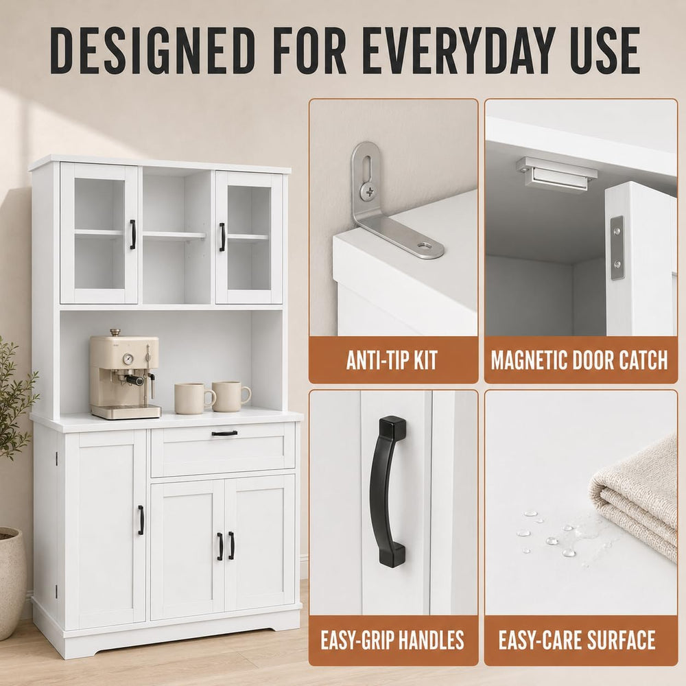Nuturelly 68" Tall Kitchen Pantry Cabinet with Microwave Stand, White