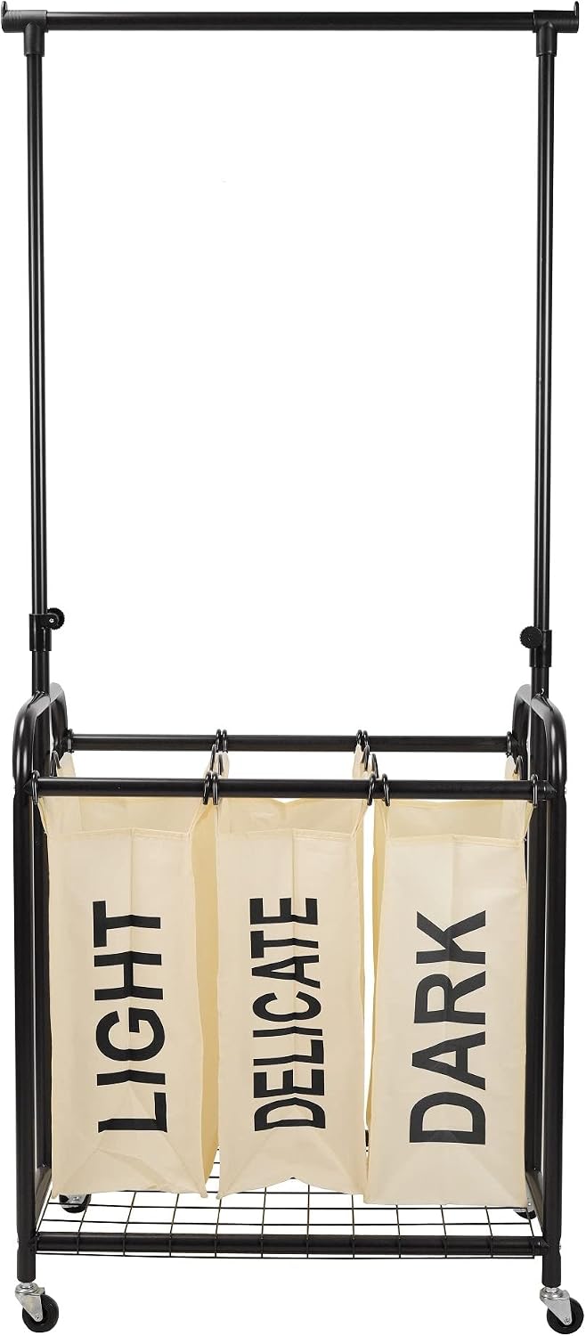 Oceanstar 3-Bag Rolling Laundry Sorter with Adjustable Hanging Bar, White