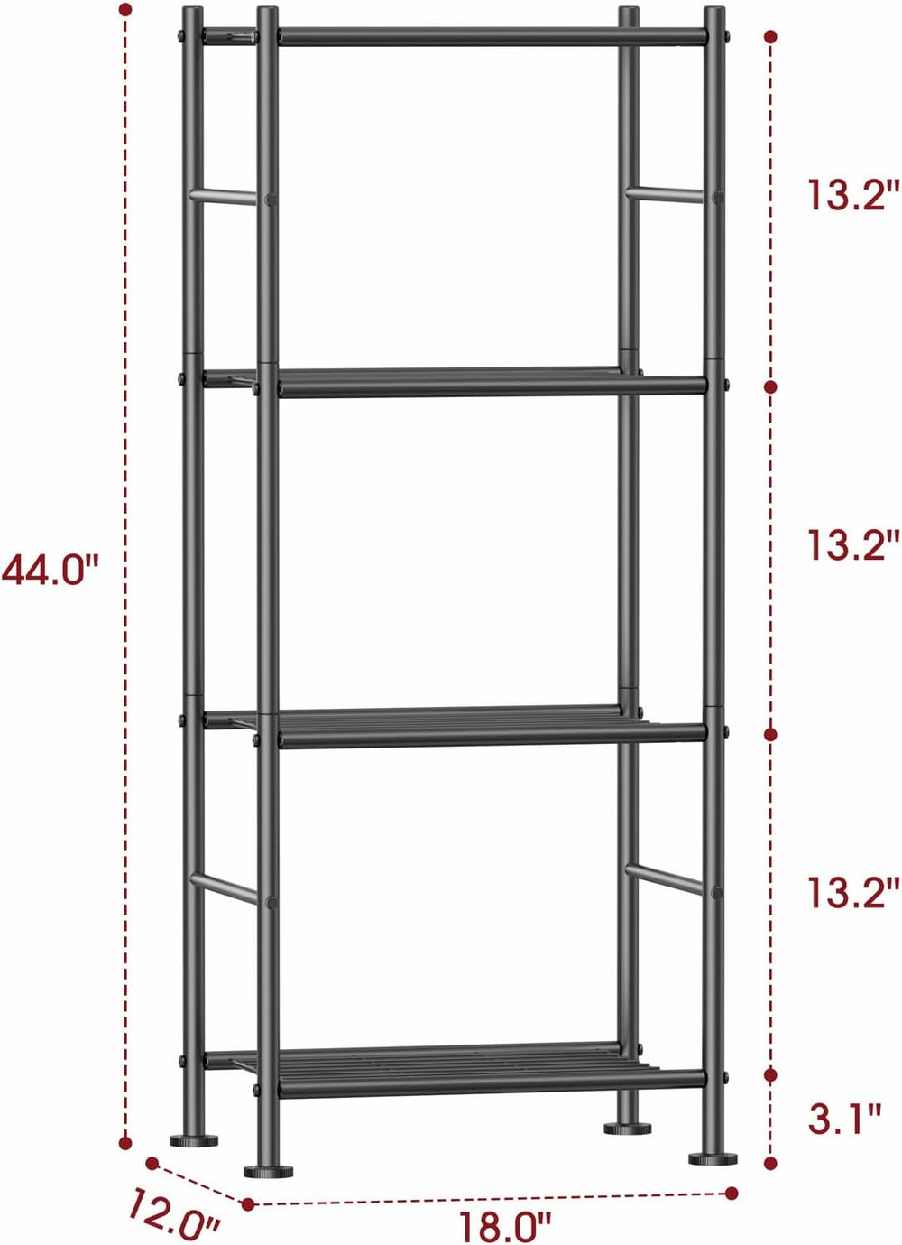 4-Tier Metal Storage Shelves Adjustable Feet, 18"x12"x44", Black
