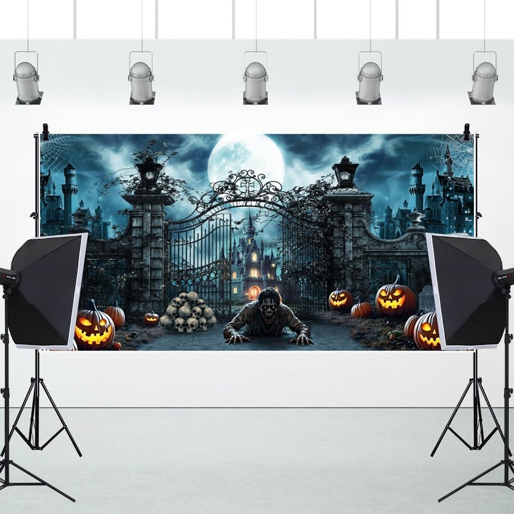 20x10ft Scary Halloween Night Eve Backdrop Horror Iron Gate Pumpkin Lantern C...