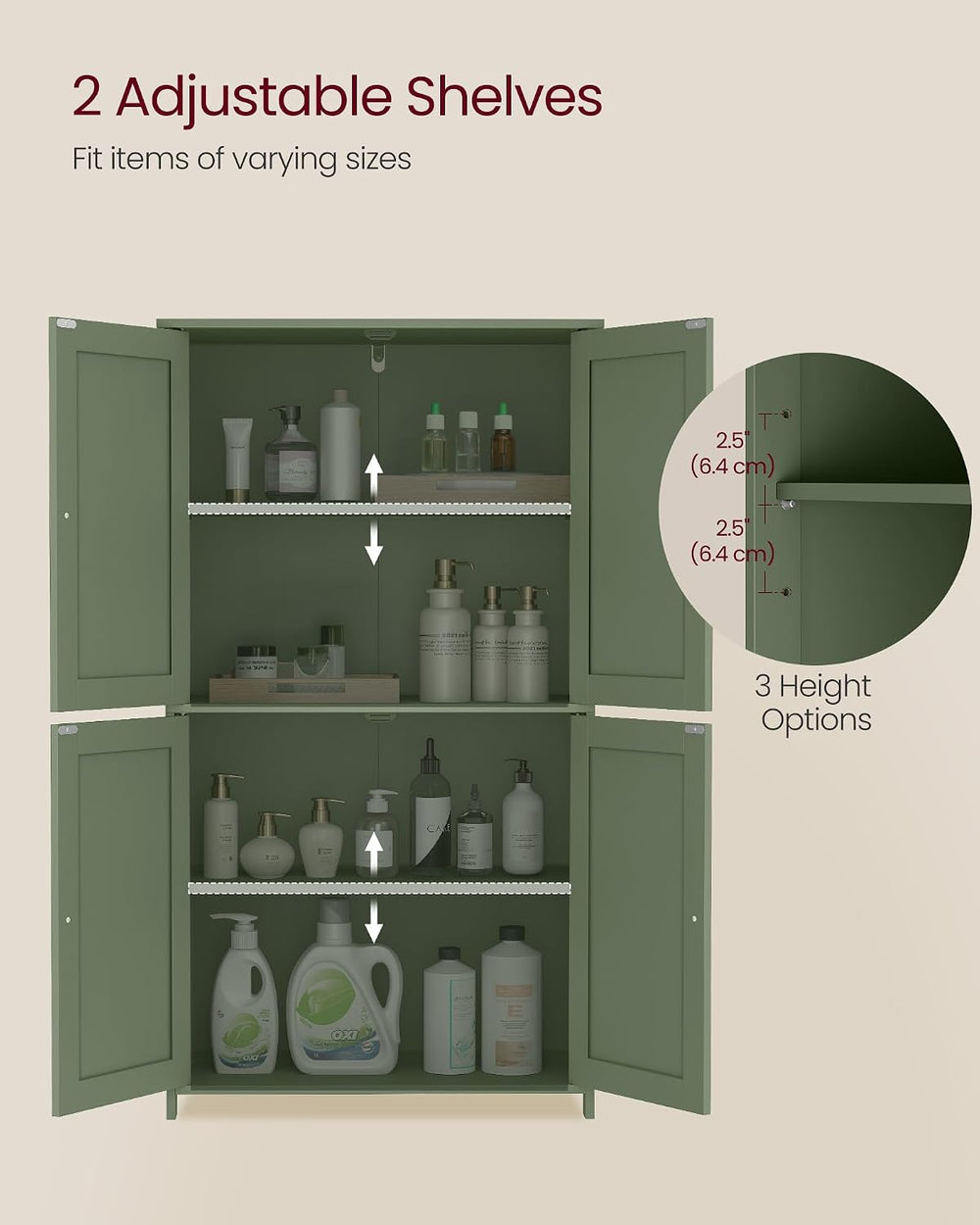 VASAGLE Bathroom Floor Storage Cabinet, 4 Doors, Forest Green