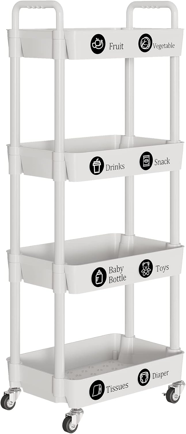 4 Tier Rolling Cart with Wheels, Utility Storage Carts,White