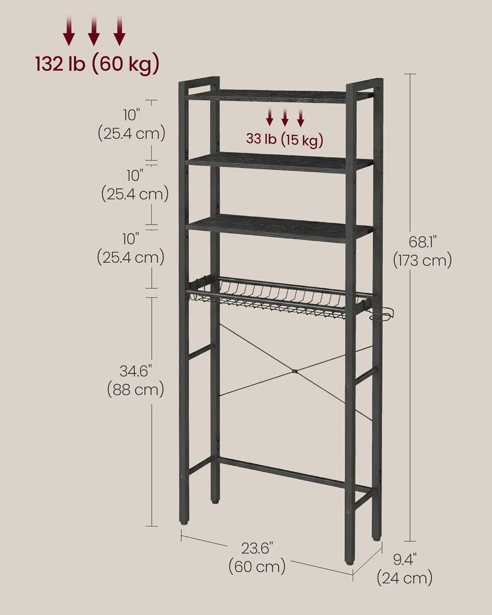 VASAGLE 4-Tier Over the Toilet Storage, Adjustable Shelves, Basket, 68.1'...