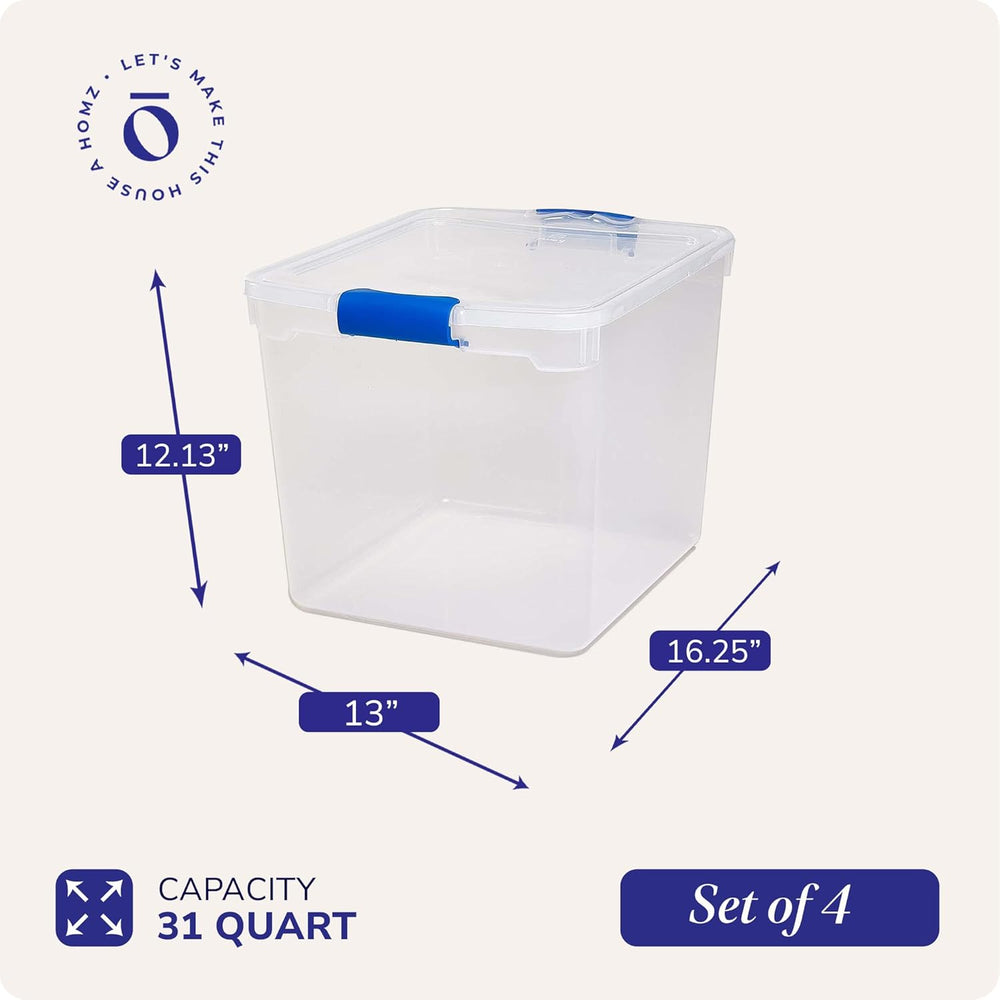 HOMZ Clear Plastic Storage Bins with Latching Lids, 31 Qt, Blue, 4 Pack