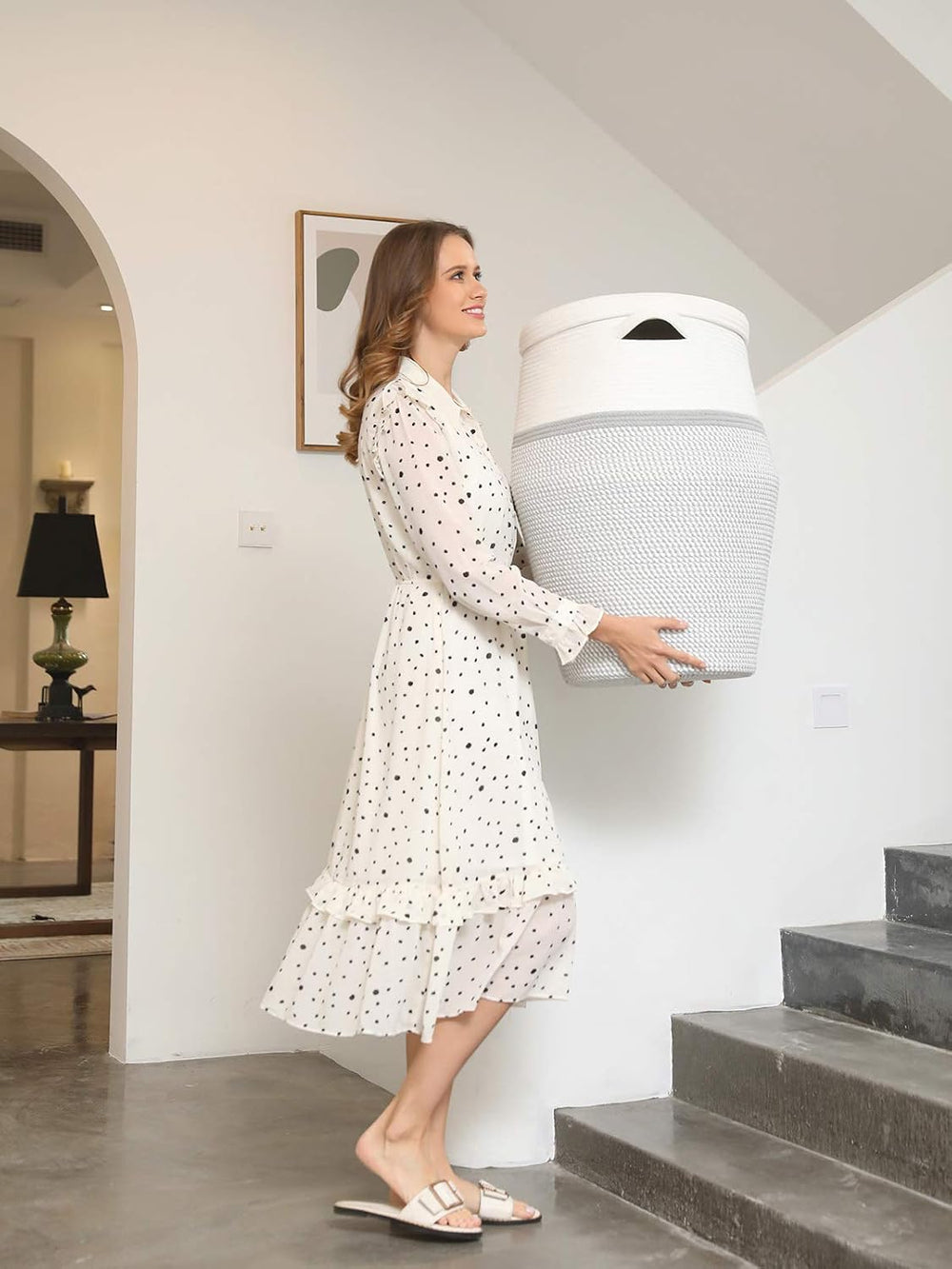 26"x20" Extra Large Tall Woven Laundry Basket with Lid, Cotton Rope...