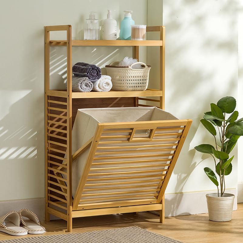 3-Tier Bamboo Tilt Out Laundry Basket,Floor Standing Laundry Hamper with Remo...