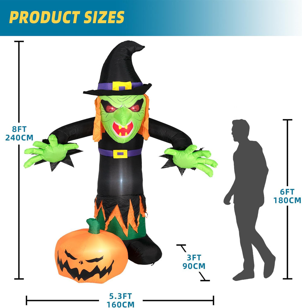 8FT Halloween Inflatable Witch Decorations Outdoor Built-in LED Lights