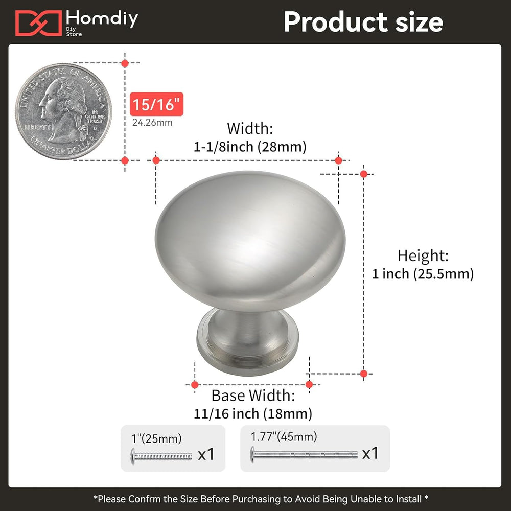 homdiy 30 Pack Brushed Nickel Round Zinc Alloy Cabinet Knobs 1-1/8 Inch