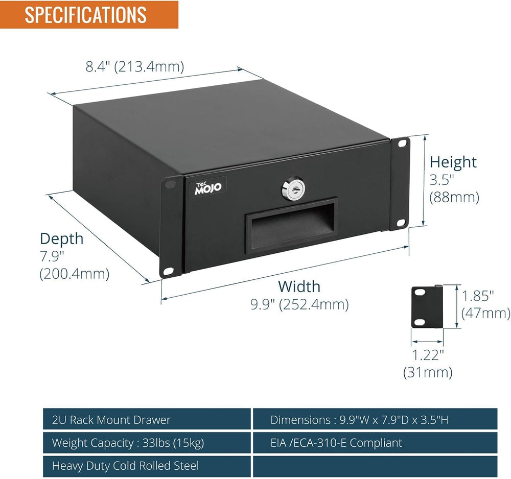 Tecmojo 2U Rack Mount Drawer for 10in Server Rack or Cabinet, Sliding and Loc...