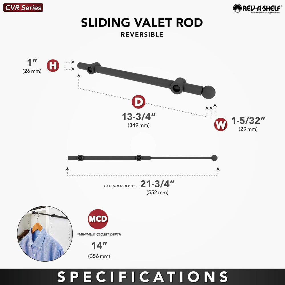 Rev-A-Shelf Sliding Valet Rod for Closets, 14" Min Depth