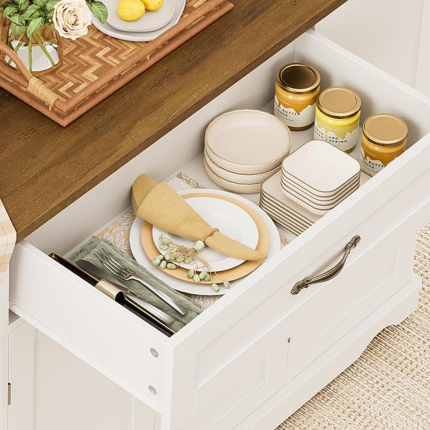 HOSTACK 47" W Kitchen Island Cart with Storage, Rolling Island Table, White