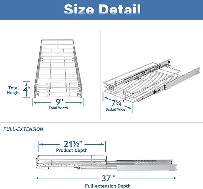 ROOMTEC Pull Out Cabinet Organizer, Single Tier, Heavy Duty Slide Out Shelves