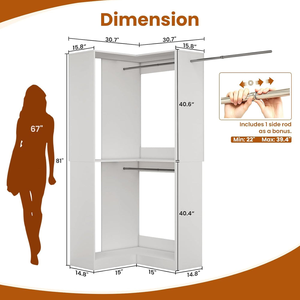 Corner Closet System with 3 Hanging Rods, Freestanding Closet Organizer Stora...