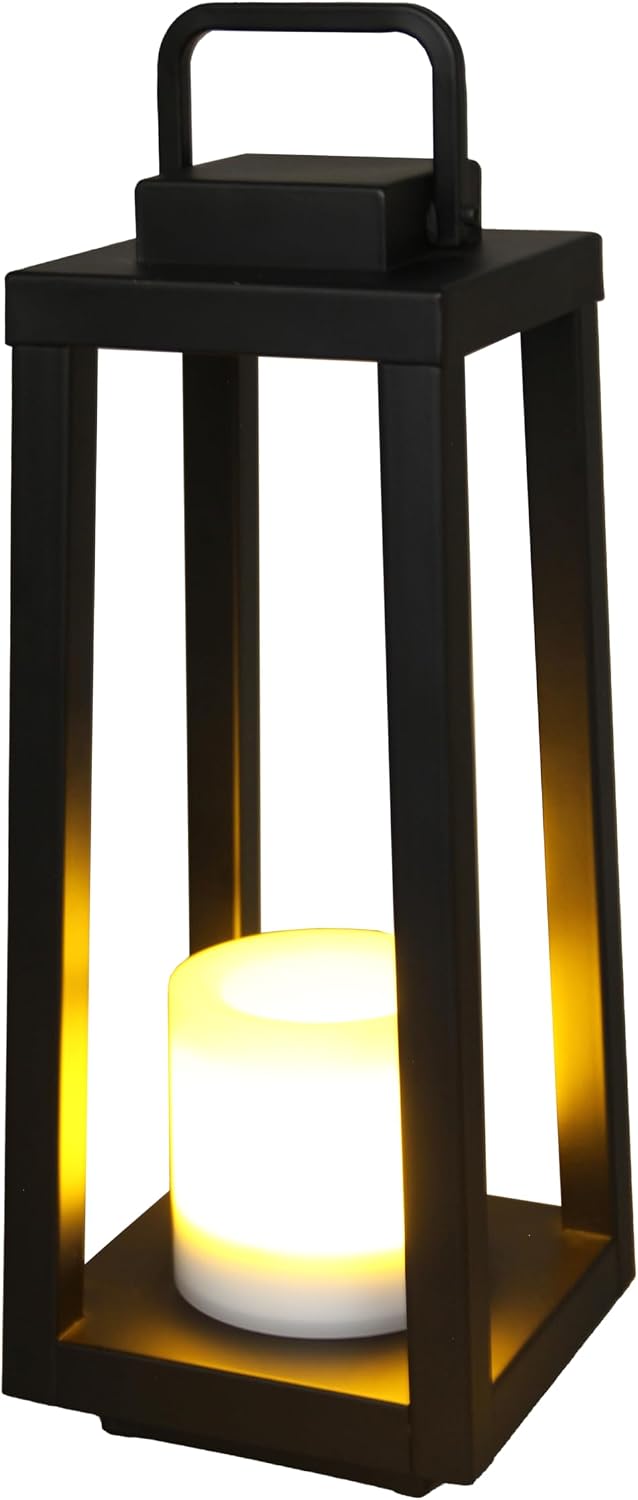 H16 Modern Outdoor Solar Lantern Black Metal Frame with Flickering LED Candle...