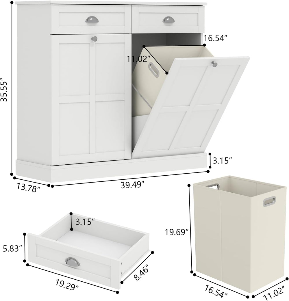 Double Tilt Out Laundry Hamper Cabinet, Hidden Laundry Cabinet w/2 Drawers