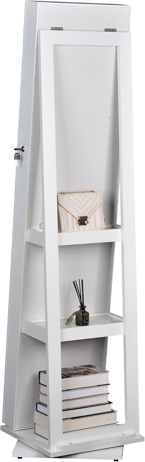 360ยฐ Swivel Jewelry Armoire with Full-Length Mirror, Lockable Standing Jewelr...
