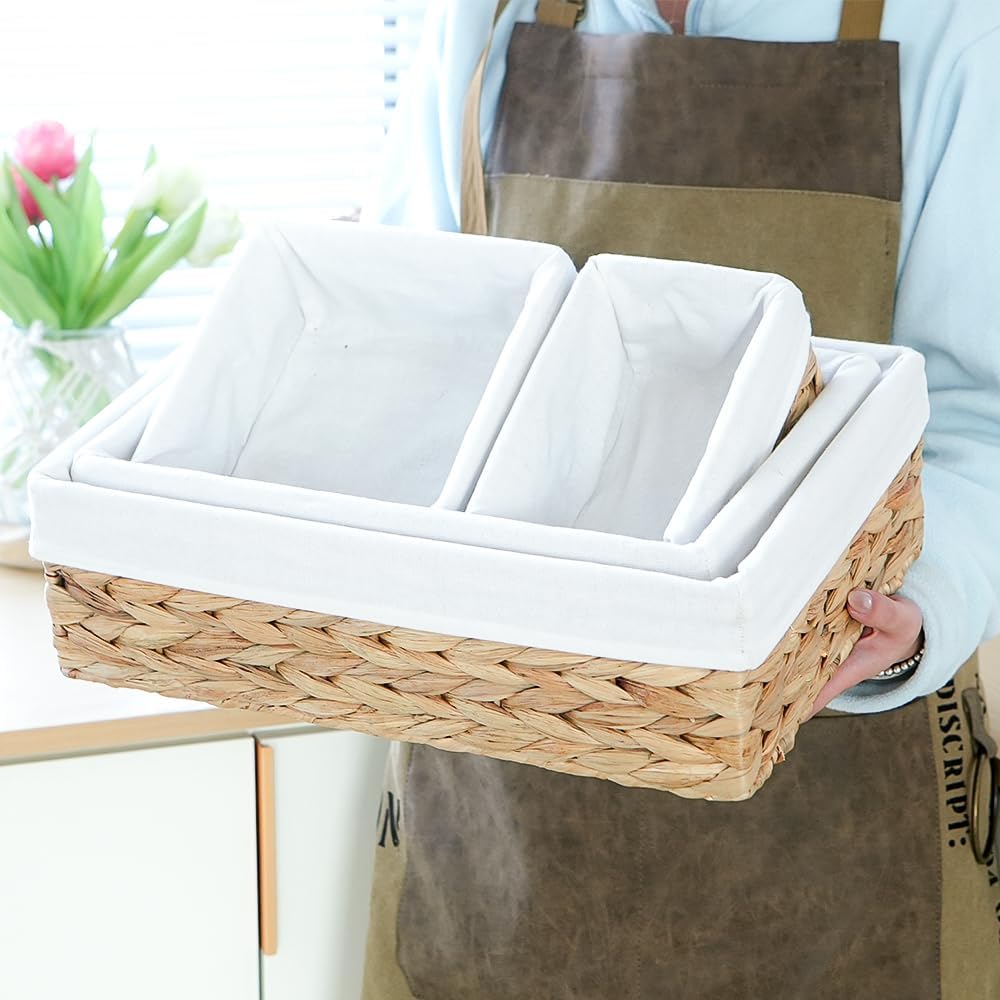 Water Hyacinth Shelf Baskets 4-Pack, Handwoven Wicker Bins with Removable Lin...
