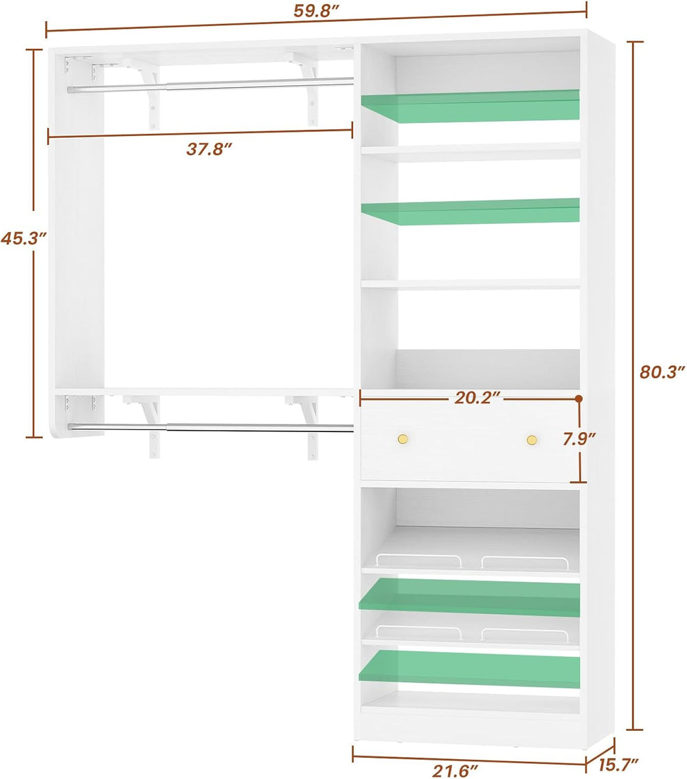 Closet System with Drawer - Reversible 5FT Wood Closet Organizer System with ...