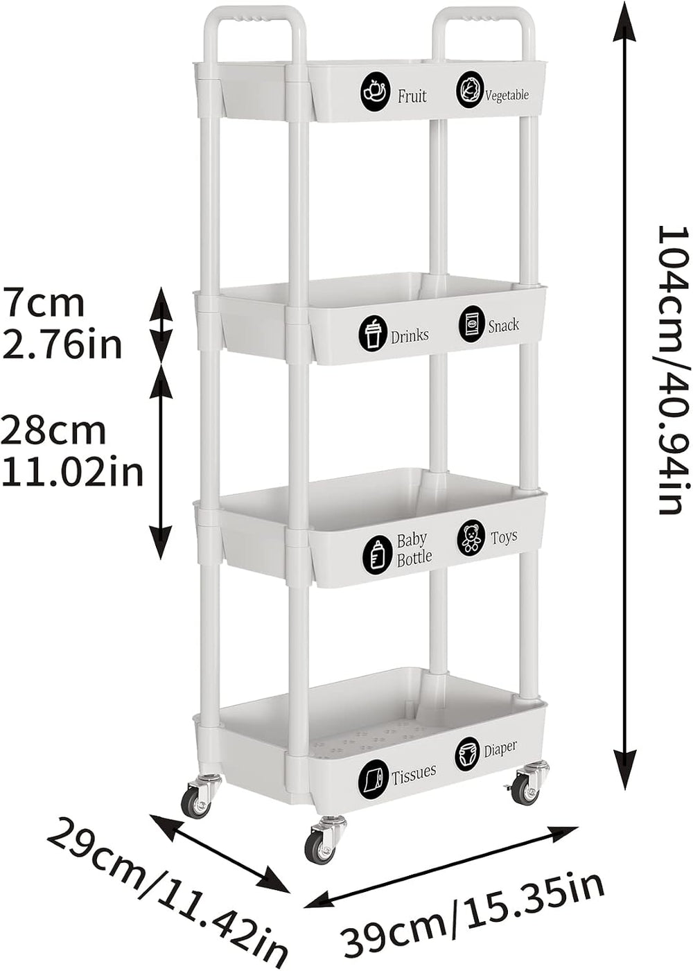 4 Tier Rolling Cart with Wheels, Utility Storage Carts,White