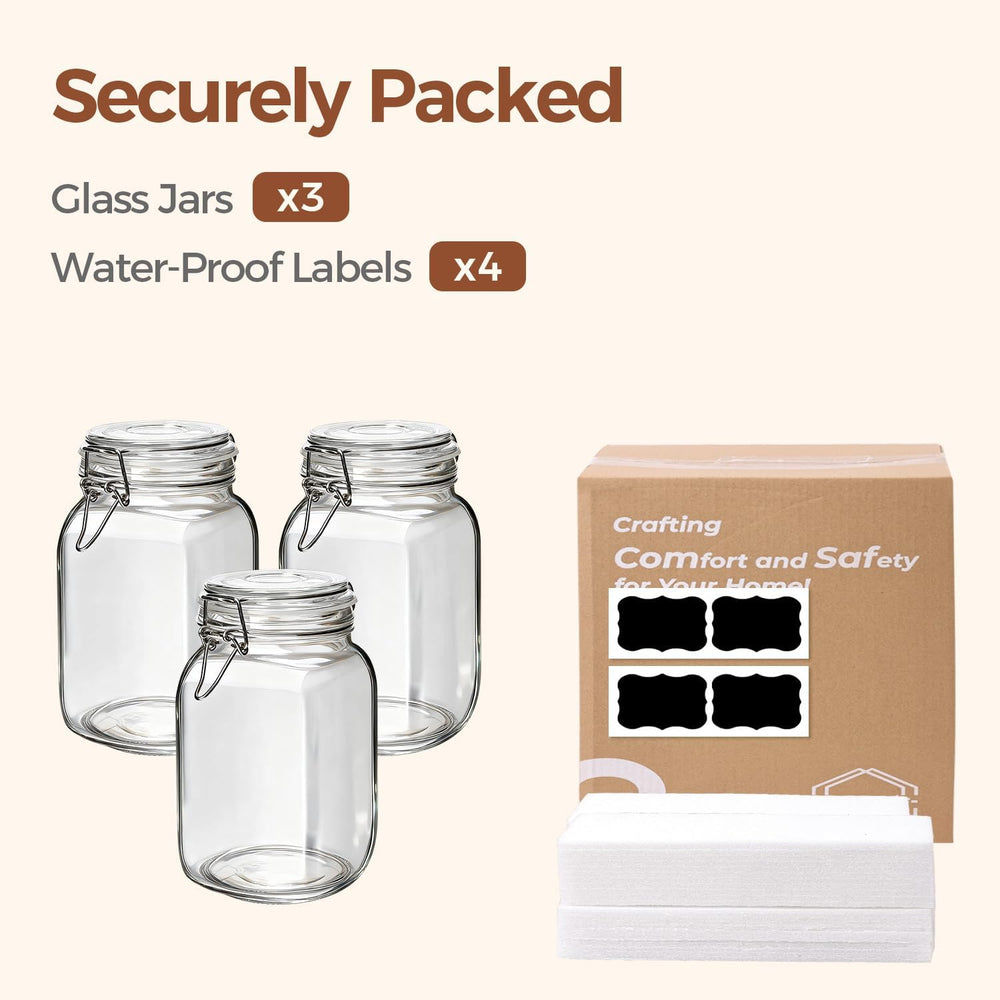 ComSaf Square Glass Jars with Airtight Lids 51 oz 3 Pack Wide Mouth