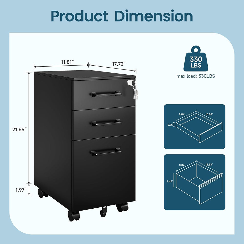 MIIIKO File Cabinet 3 Drawers on Wheels Under Desk, Black Metal File Cabinets...