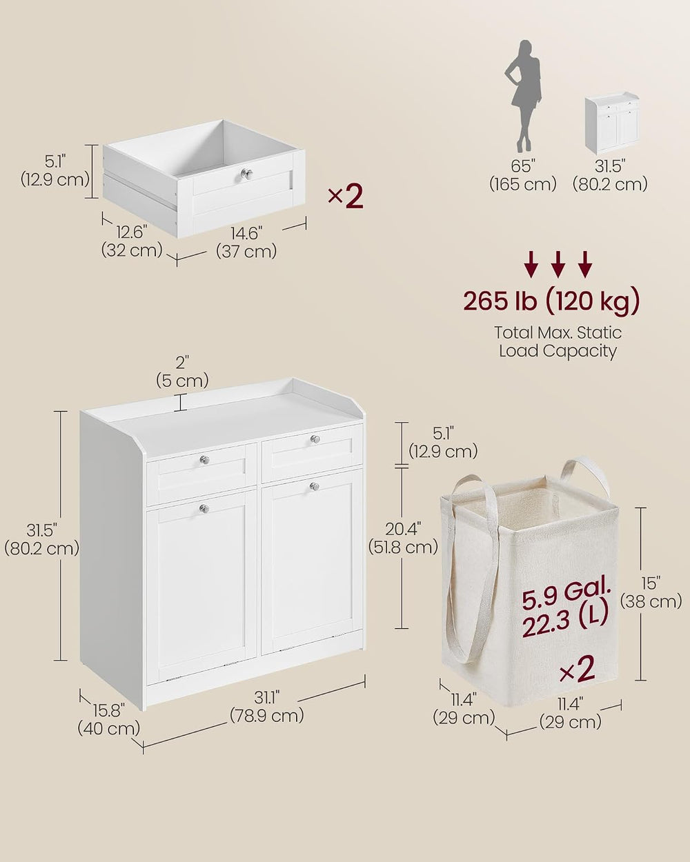 VASAGLE Laundry Cabinet with Tilt-Out Basket, 2 Drawers, 2 Baskets,