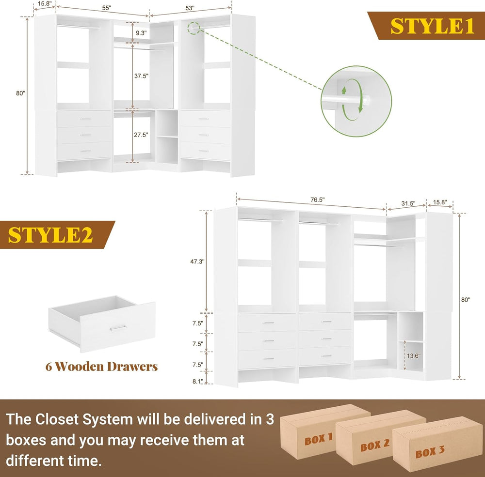 Aheaplus Closet System with 6 Drawers, 4 Hanging Rods & Corner Tower, Cor...