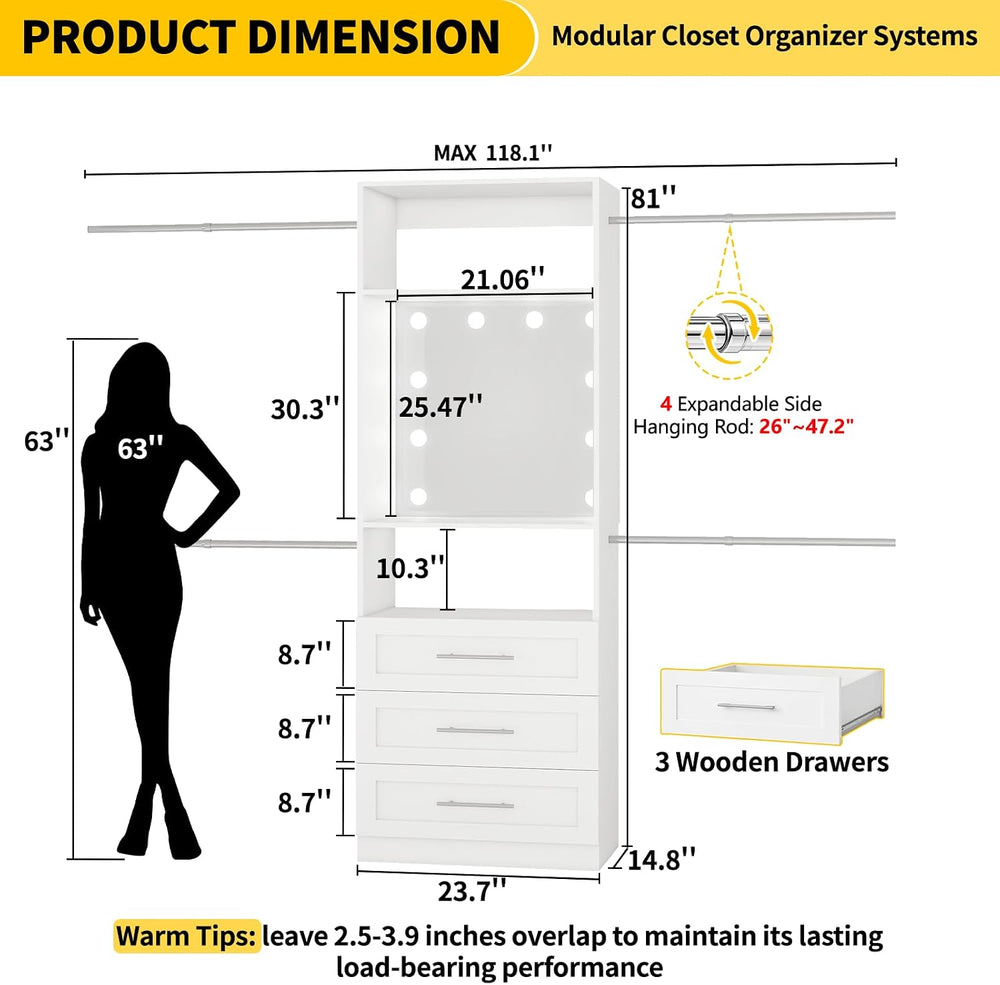 Fastgo Closet System with Drawers, Light & Mirror, 2FT-9.8FT Hanging Clos...