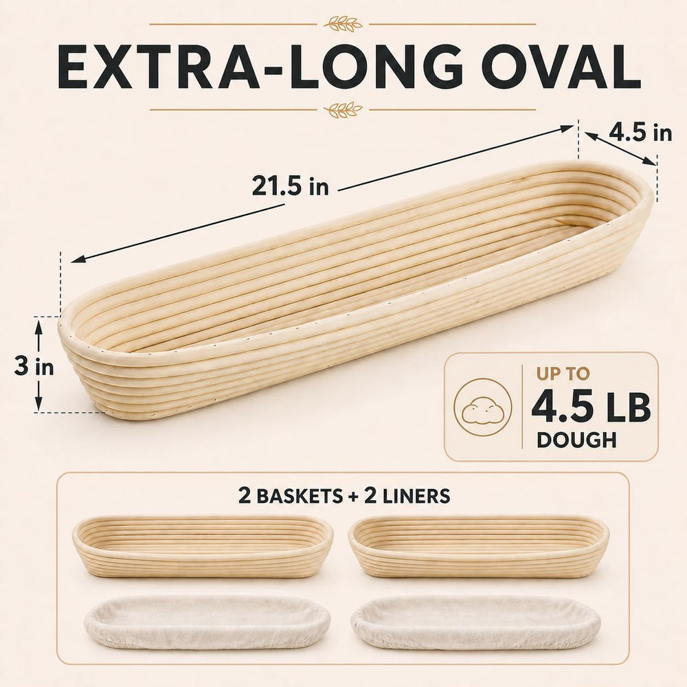 i-lan 2-Pack 22" Rattan Baguette Proofing Baskets for Sourdough Bread