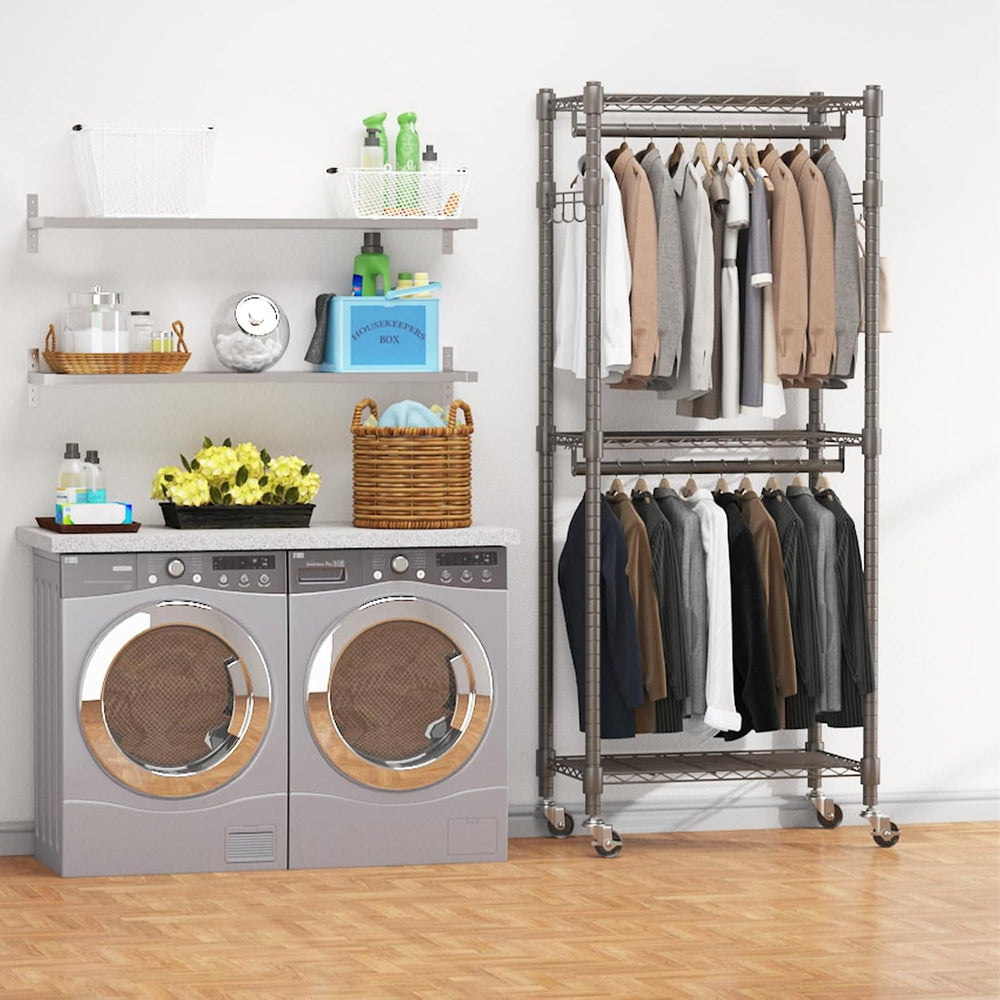BATHWA Clothes Rack Rolling Narrow 2 tier Garment Rack for Hanging Clothes, S...