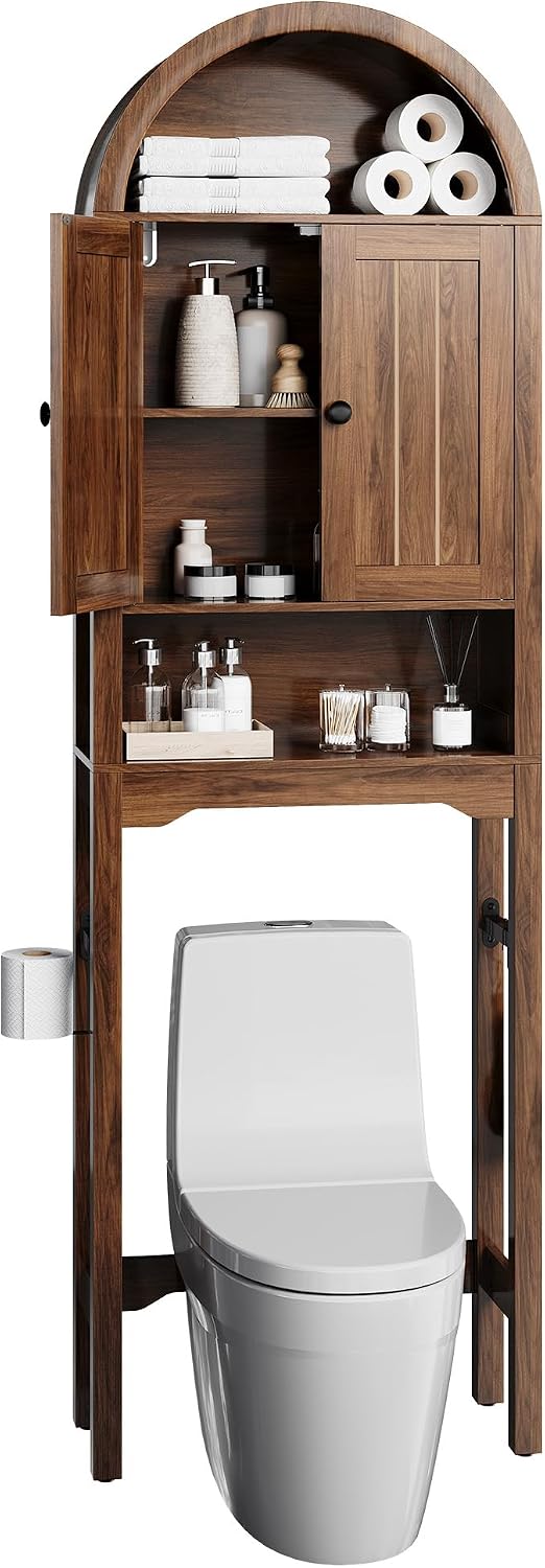 Arched Over the Toilet Storage Cabinet with Fluted Doors, Wood, Walnut