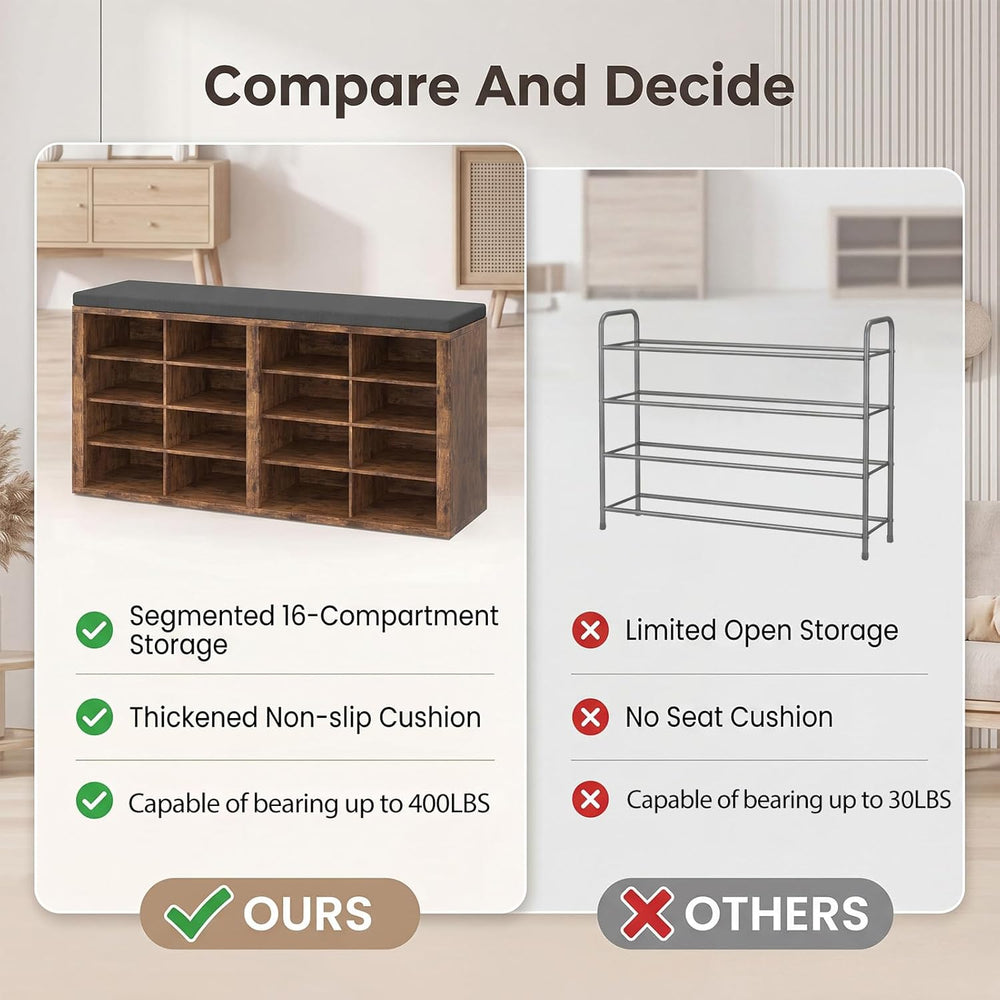 Shoe Rack Bench, Shoe Storage Bench with Cushion, Shoe Organizer 16 Cubbies f...
