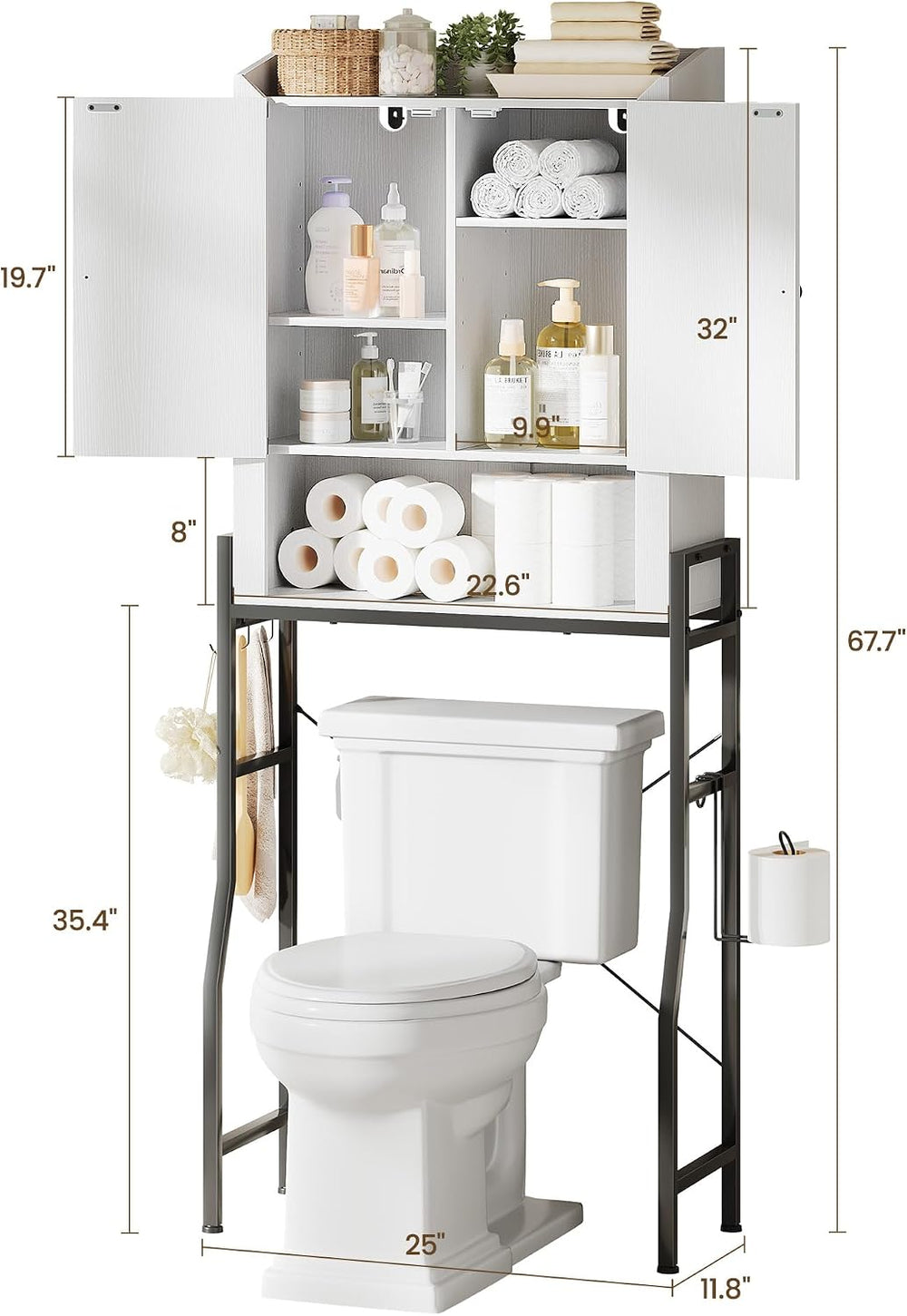 Over The Toilet Storage Cabinet with 2-Door & Metal Stand, White