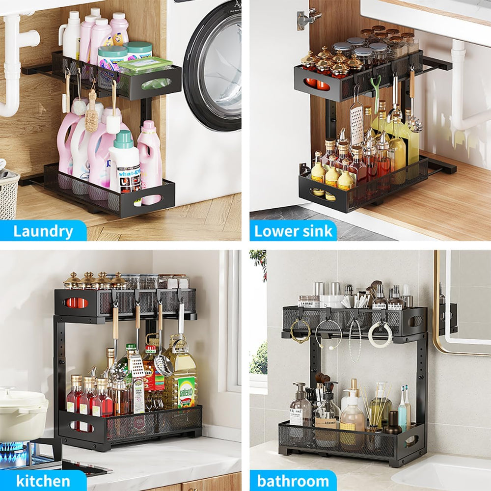 2-Pack Under Sink Organizer, 2-Tier Pull Out Cabinet Storage, Black