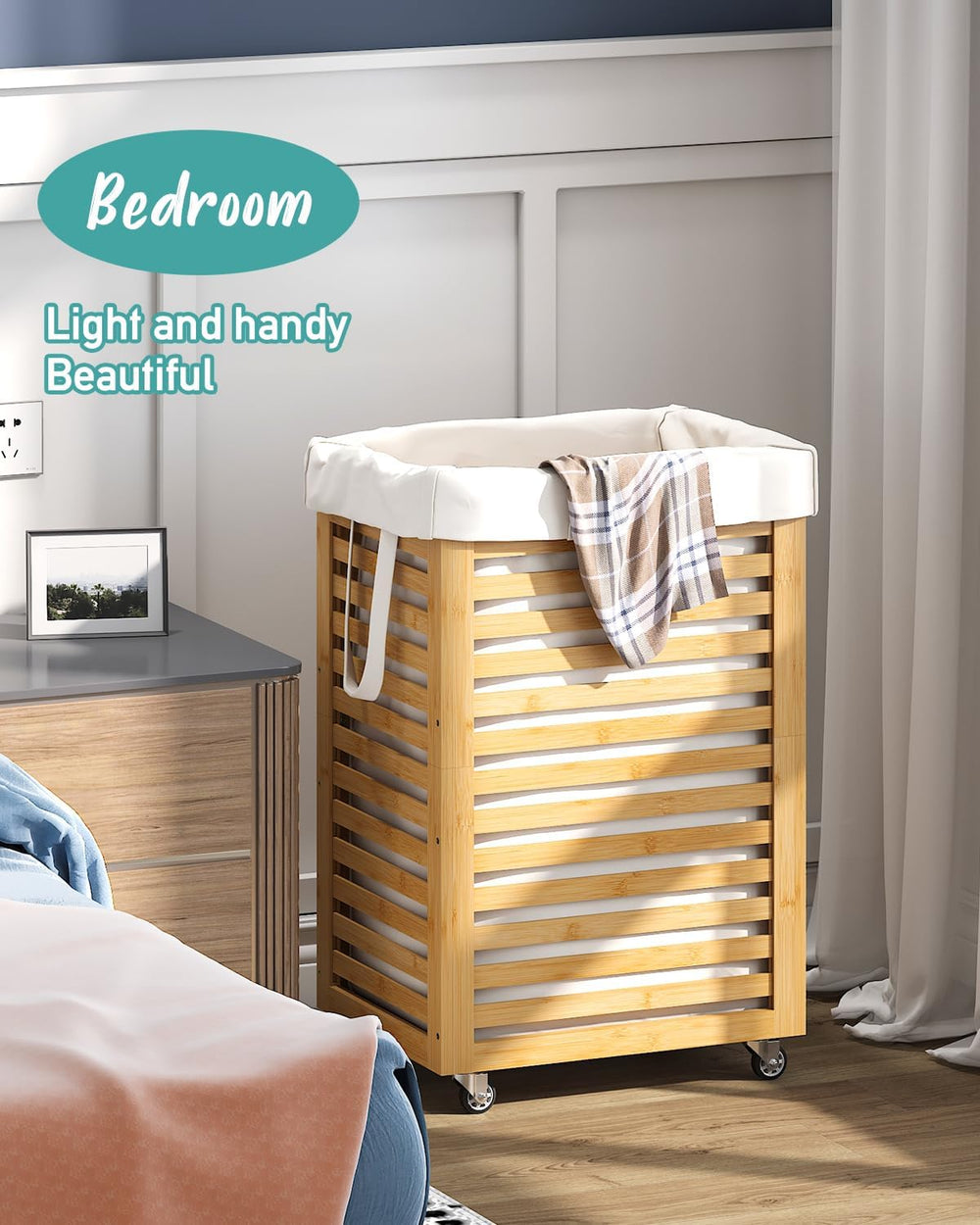 Laundry Hamper, 22.7 Gallon (86L) Bamboo Wood Clothes Laundry Basket with Whe...