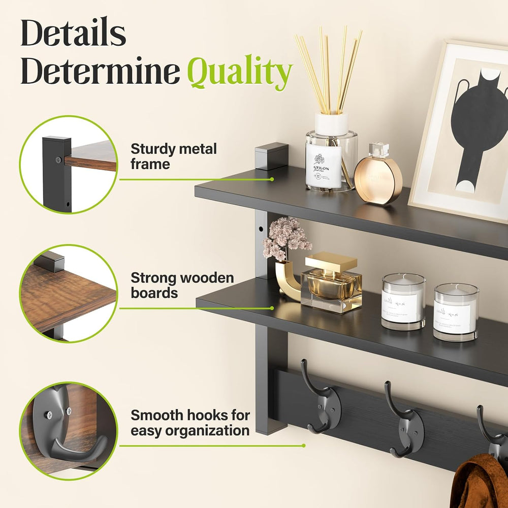 2 Tier Coat Rack Wall Mount with Shelf, 33" Wall Shelf with Hooks, Entry...